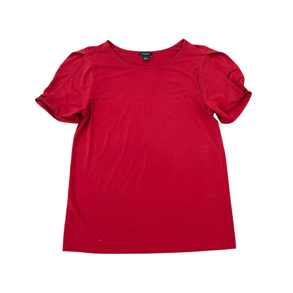 Ann Taylor‎ Factory Red Split Sleeve Knot Detail Scoop Neck Top Womens Medium - Picture 2 of 6